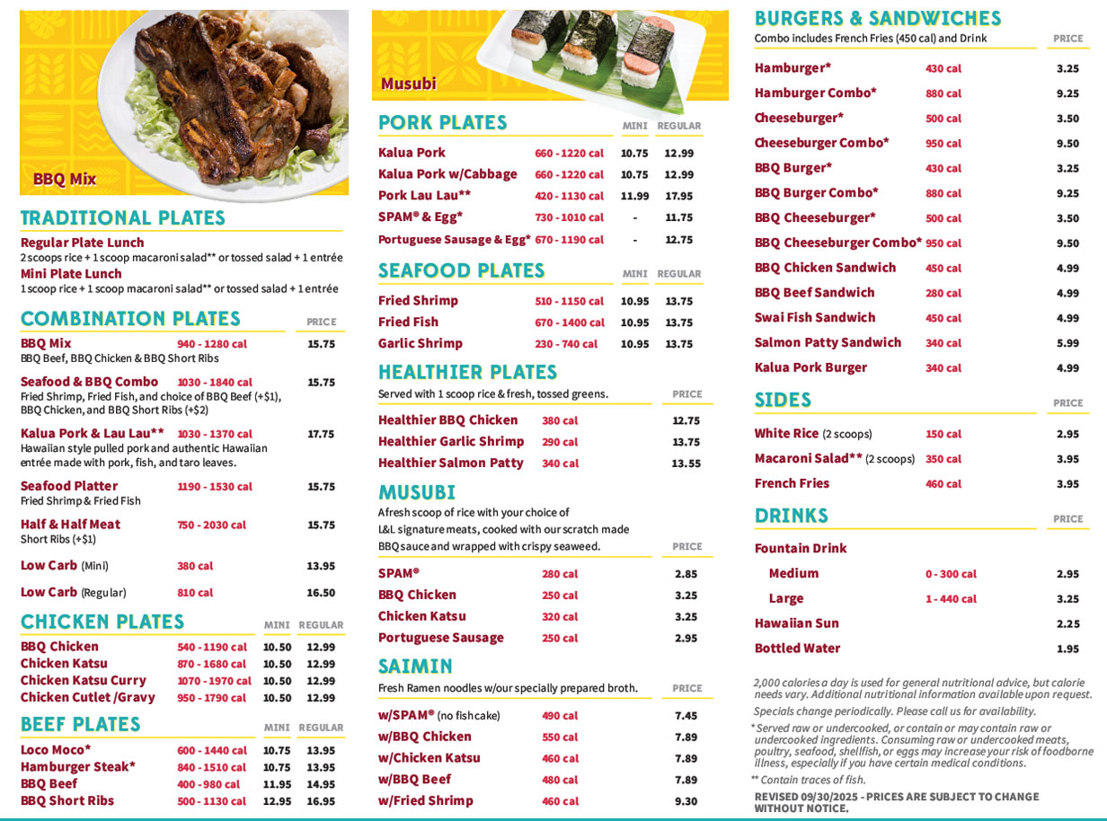 L&L Hawaiian BBQ menu - island style plate lunch